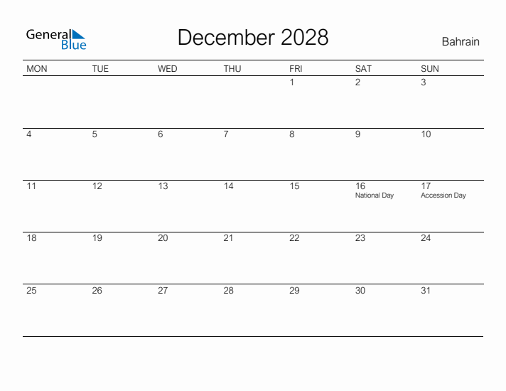 Printable December 2028 Calendar for Bahrain