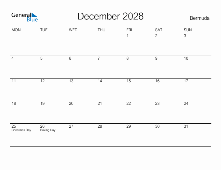 Printable December 2028 Calendar for Bermuda