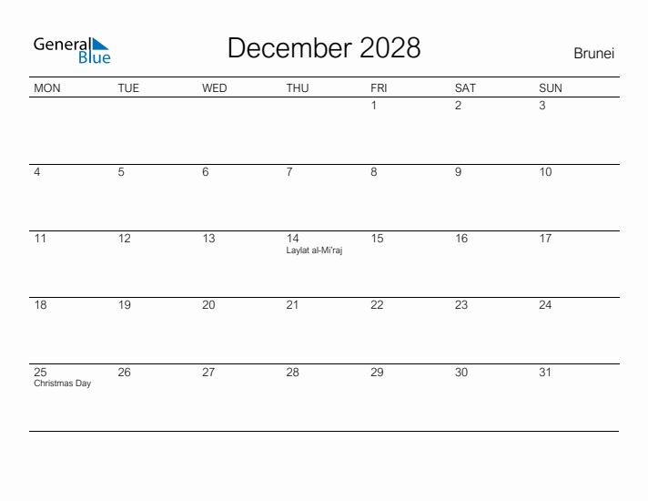 Printable December 2028 Calendar for Brunei