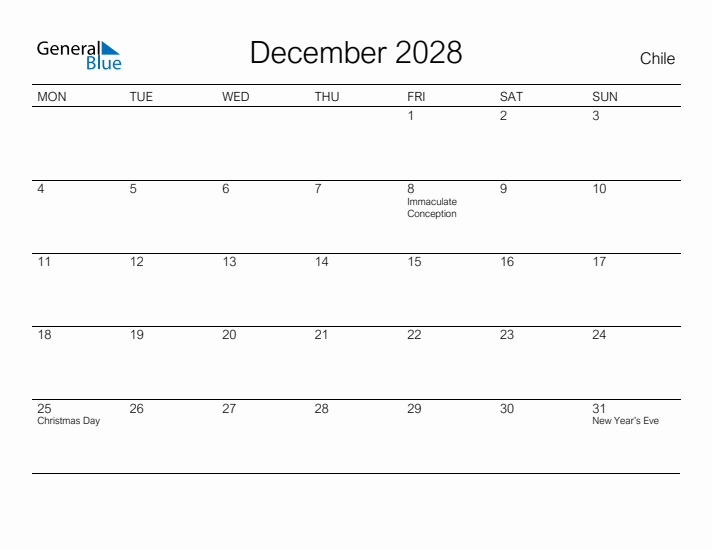 Printable December 2028 Calendar for Chile