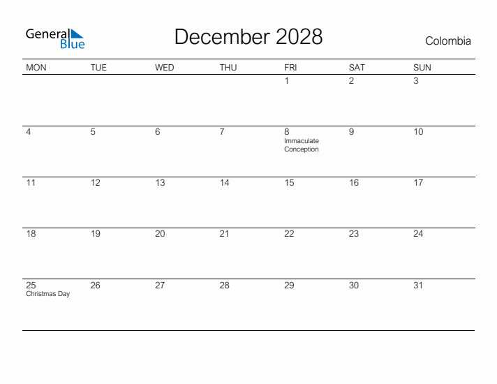 Printable December 2028 Calendar for Colombia