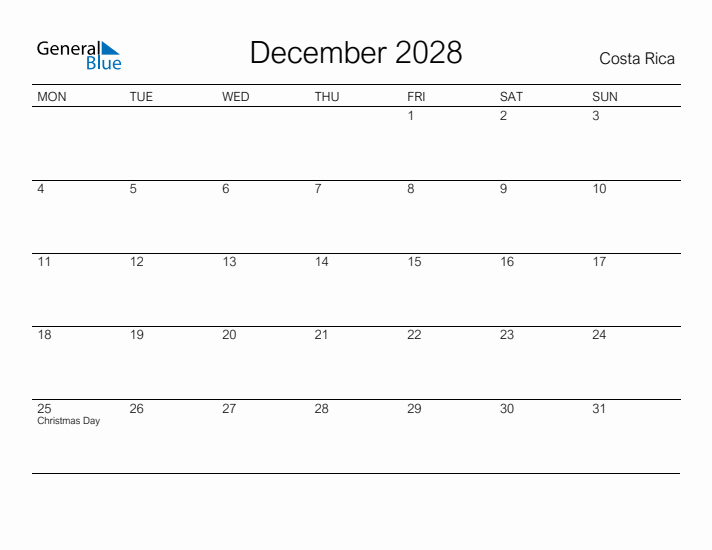 Printable December 2028 Calendar for Costa Rica
