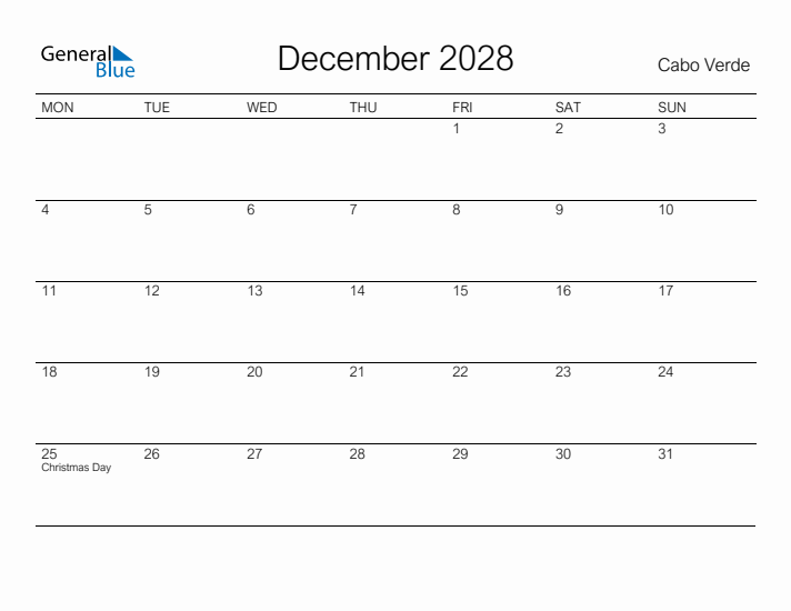 Printable December 2028 Calendar for Cabo Verde