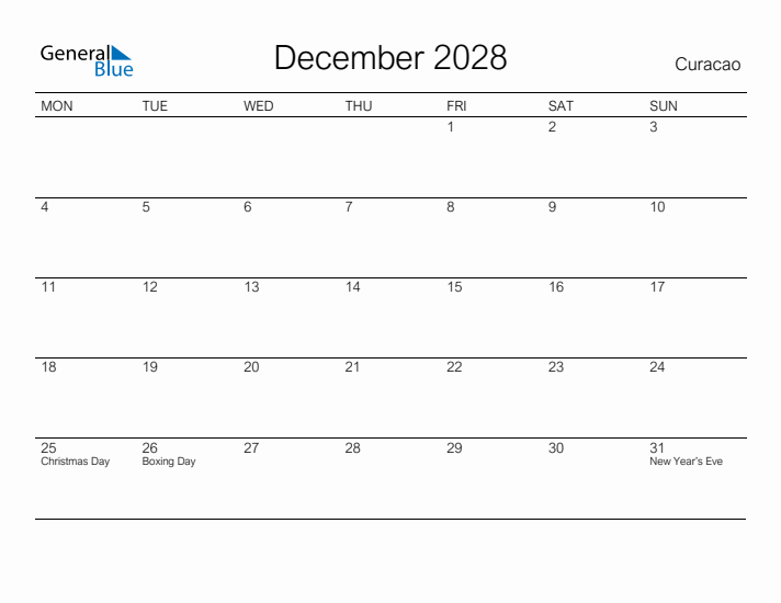 Printable December 2028 Calendar for Curacao