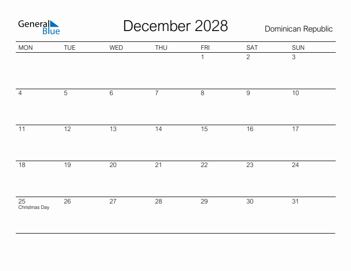 Printable December 2028 Calendar for Dominican Republic