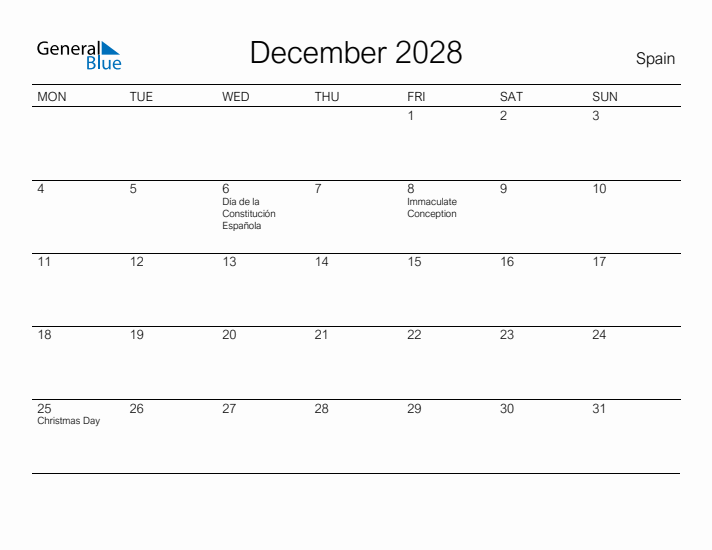 Printable December 2028 Calendar for Spain