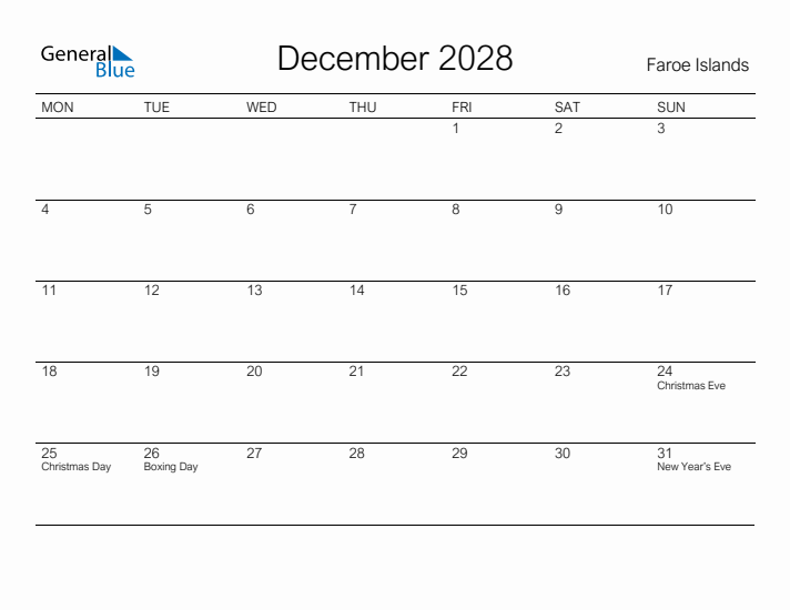 Printable December 2028 Calendar for Faroe Islands