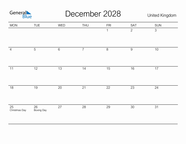 Printable December 2028 Calendar for United Kingdom