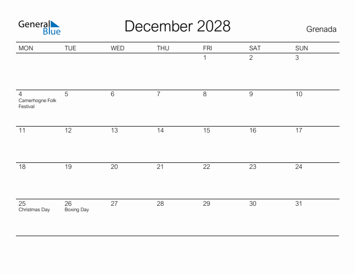 Printable December 2028 Calendar for Grenada