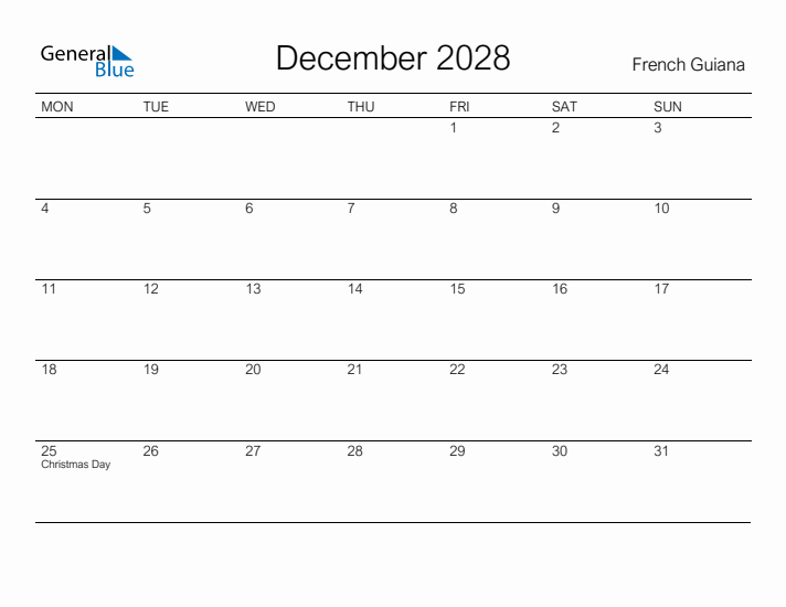 Printable December 2028 Calendar for French Guiana