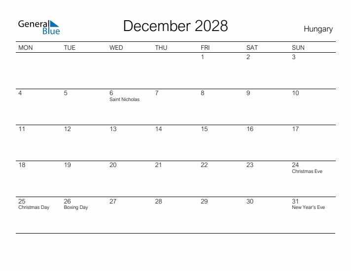 Printable December 2028 Calendar for Hungary