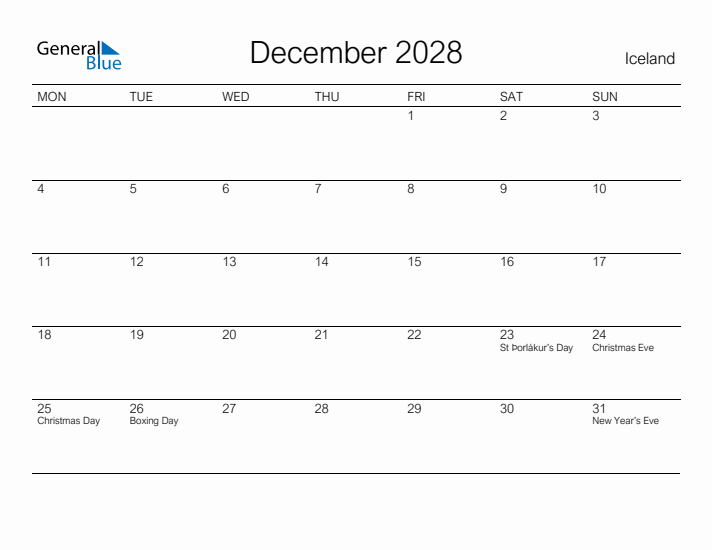 Printable December 2028 Calendar for Iceland