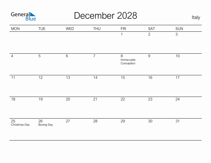 Printable December 2028 Calendar for Italy