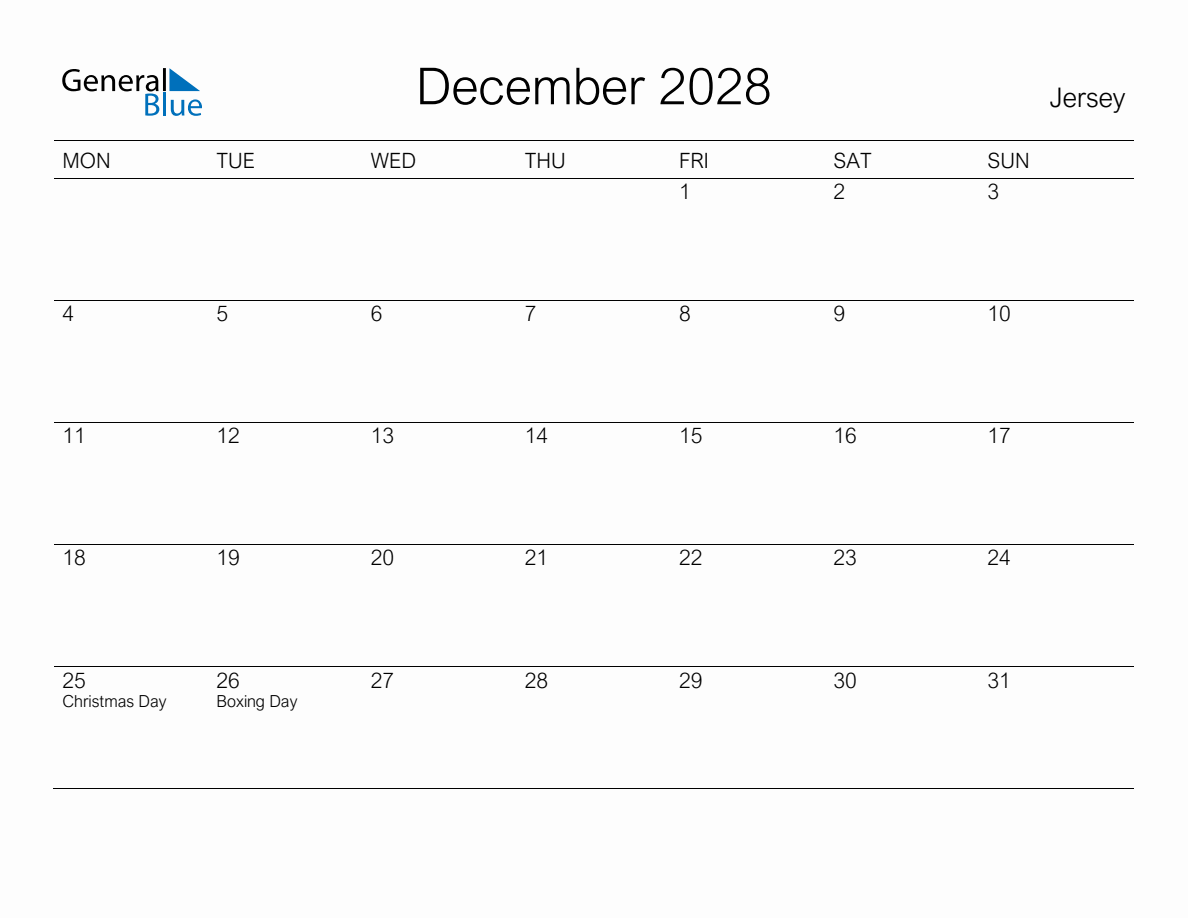 Printable December 2028 Monthly Calendar With Holidays For Jersey