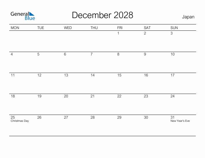 Printable December 2028 Calendar for Japan