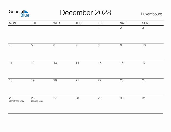 Printable December 2028 Calendar for Luxembourg