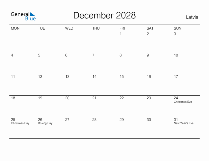 Printable December 2028 Calendar for Latvia