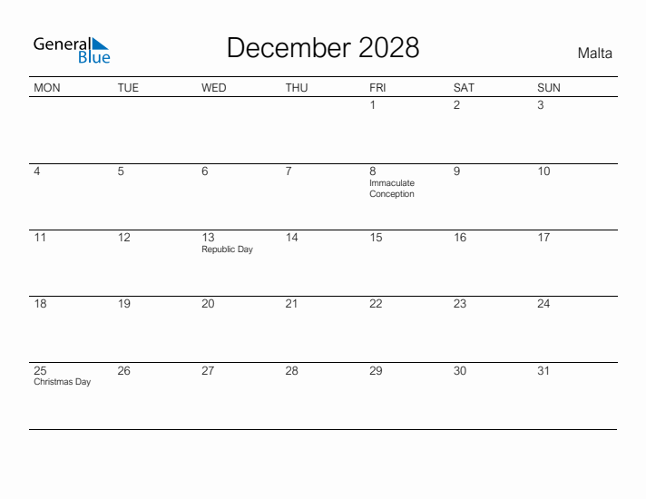Printable December 2028 Calendar for Malta