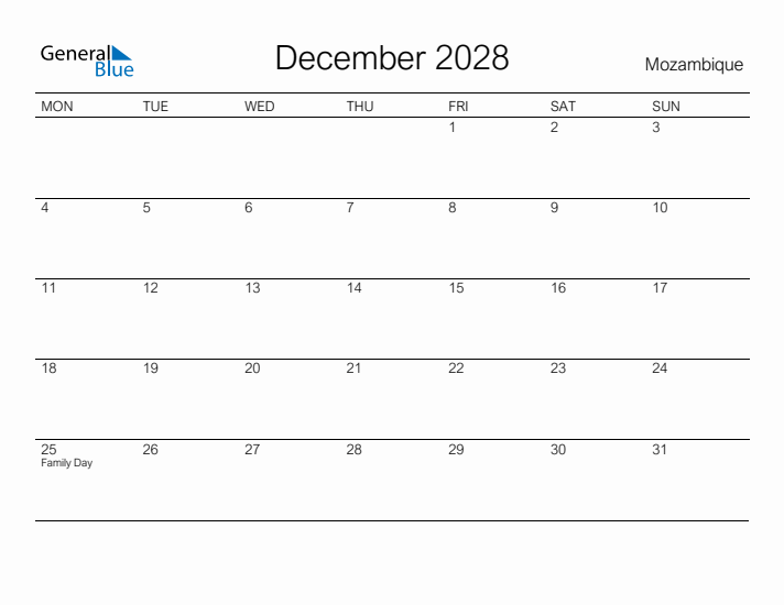 Printable December 2028 Calendar for Mozambique