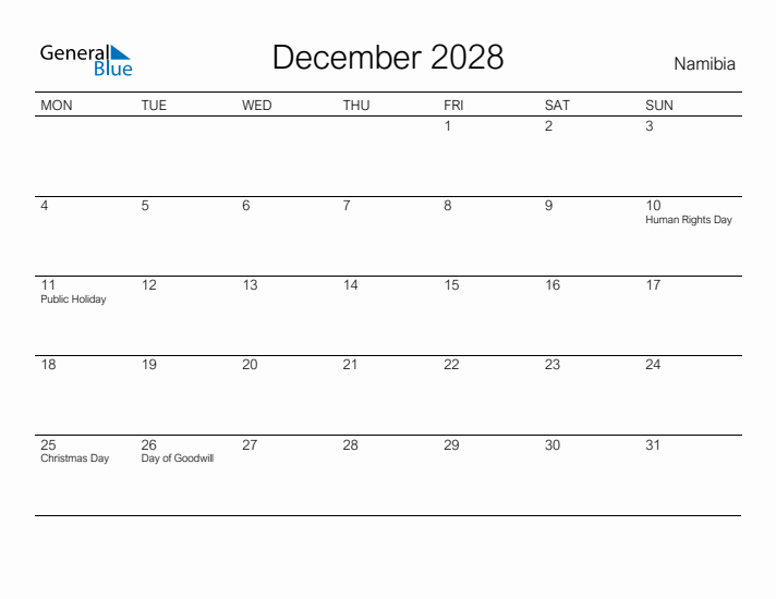 Printable December 2028 Calendar for Namibia