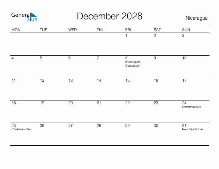 Printable December 2028 Calendar for Nicaragua
