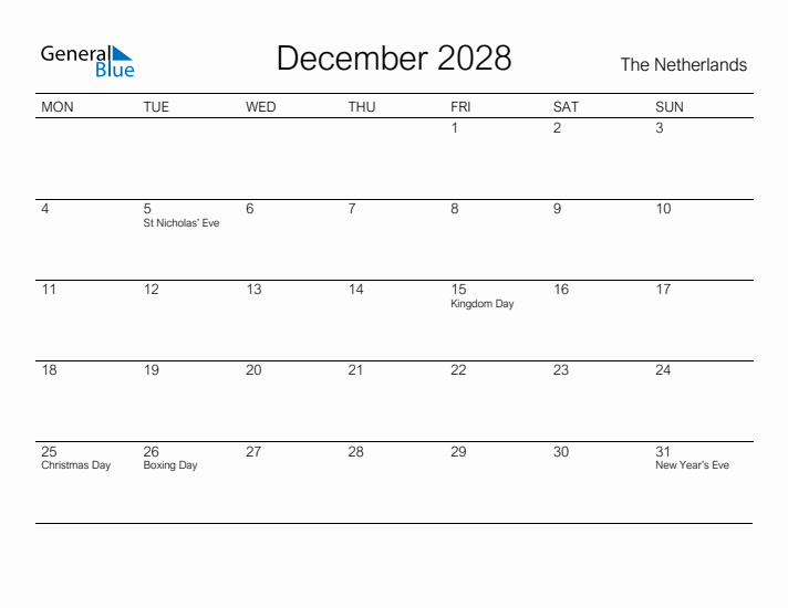 Printable December 2028 Calendar for The Netherlands