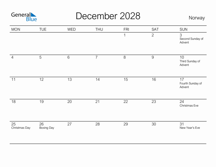 Printable December 2028 Calendar for Norway