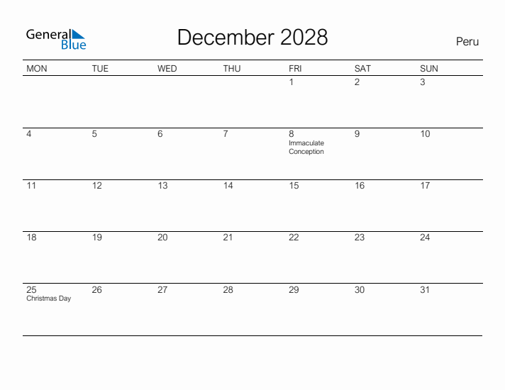 Printable December 2028 Calendar for Peru