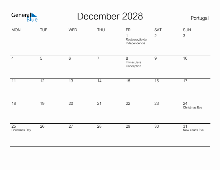 Printable December 2028 Calendar for Portugal