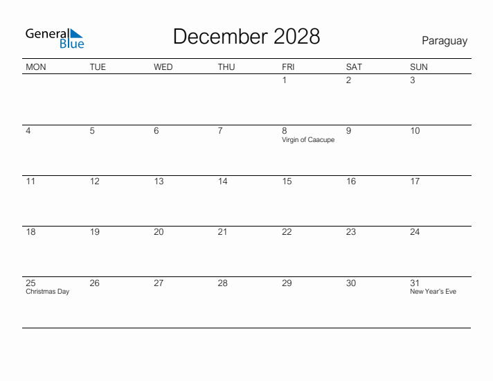 Printable December 2028 Calendar for Paraguay