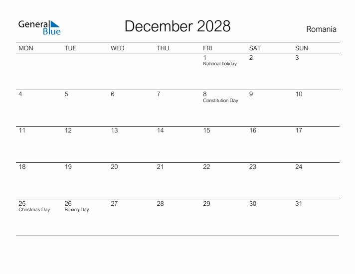 Printable December 2028 Calendar for Romania