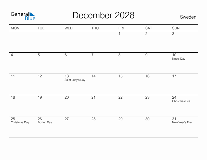 Printable December 2028 Calendar for Sweden