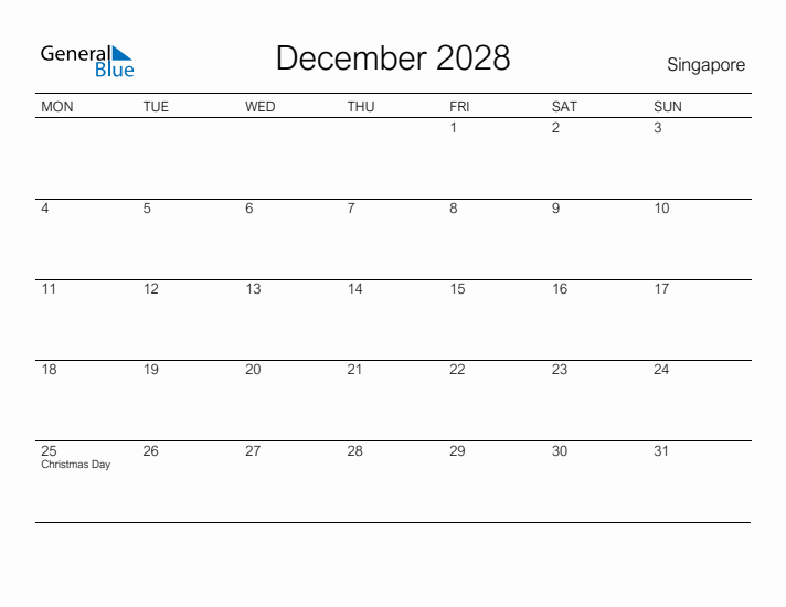 Printable December 2028 Calendar for Singapore
