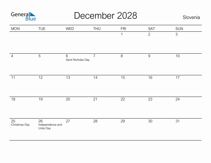 Printable December 2028 Calendar for Slovenia