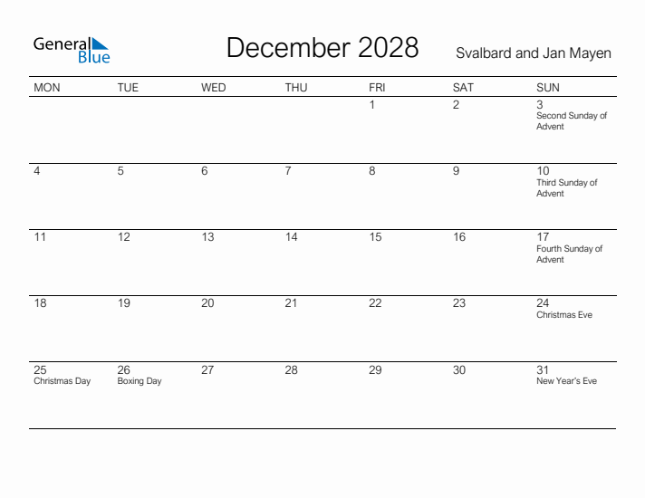 Printable December 2028 Calendar for Svalbard and Jan Mayen