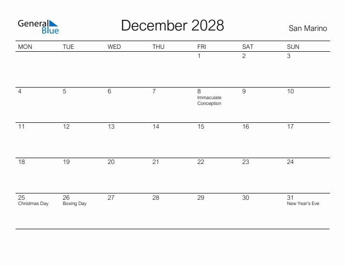 Printable December 2028 Calendar for San Marino