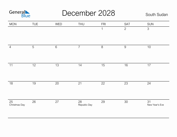 Printable December 2028 Calendar for South Sudan