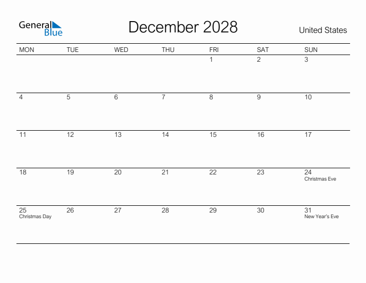 Printable December 2028 Calendar for United States