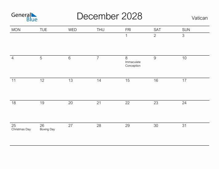 Printable December 2028 Calendar for Vatican
