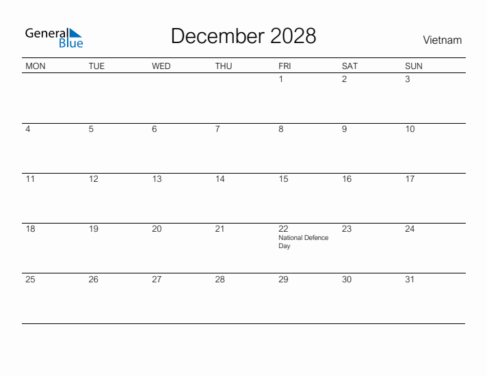 Printable December 2028 Calendar for Vietnam