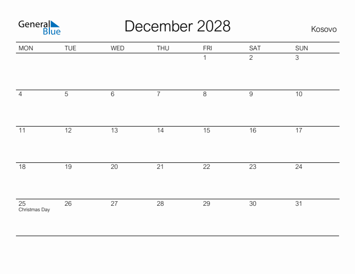 Printable December 2028 Calendar for Kosovo