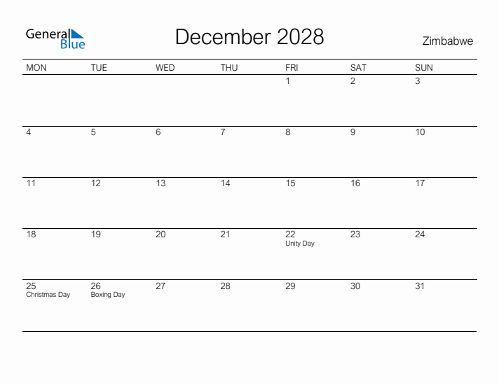 Printable December 2028 Calendar for Zimbabwe
