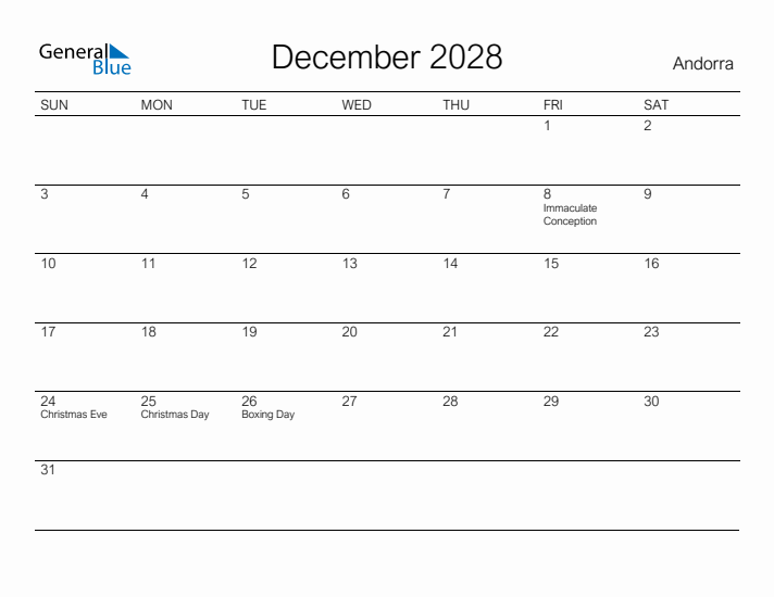 Printable December 2028 Calendar for Andorra