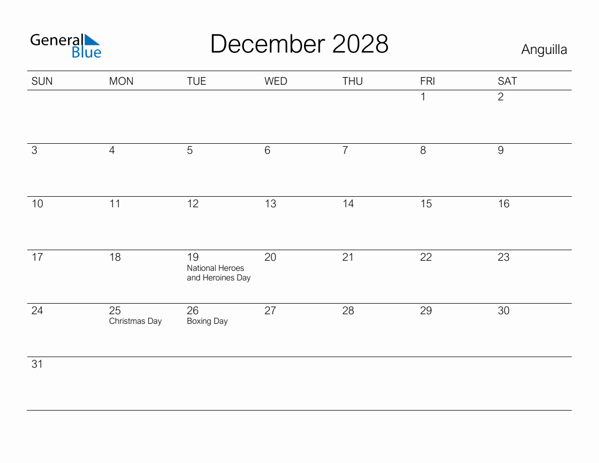 Printable December 2028 Monthly Calendar With Holidays For Anguilla