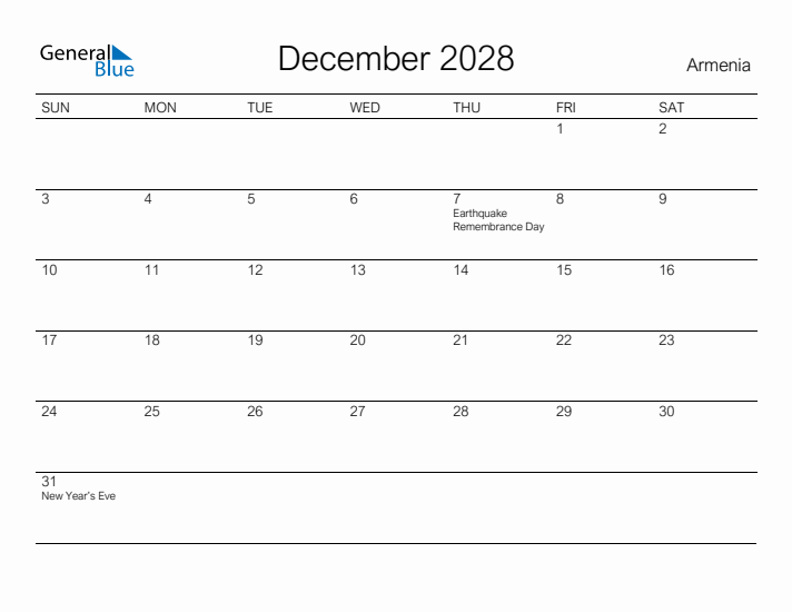 Printable December 2028 Calendar for Armenia