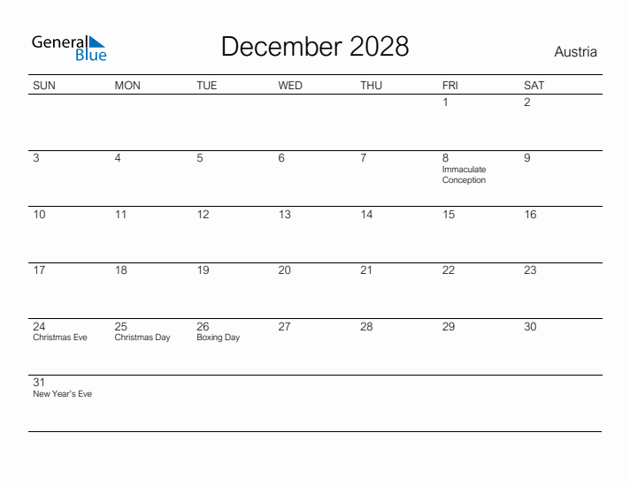 Printable December 2028 Calendar for Austria