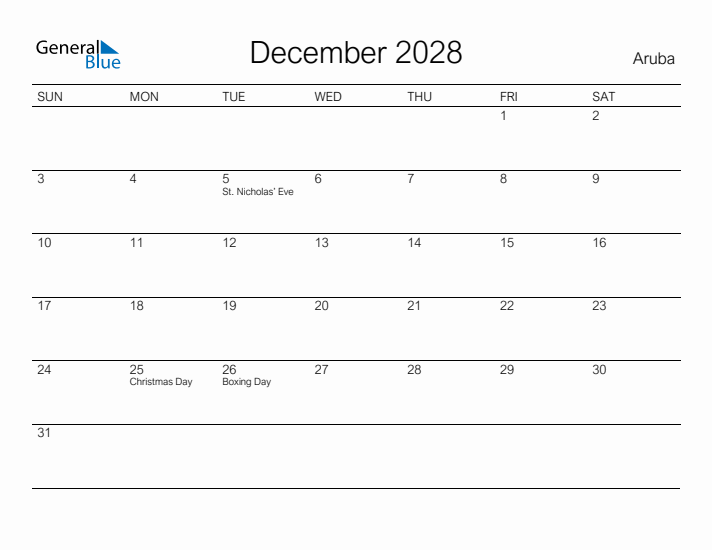 Printable December 2028 Calendar for Aruba