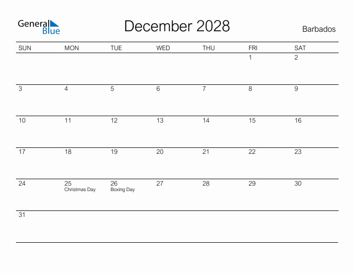Printable December 2028 Calendar for Barbados