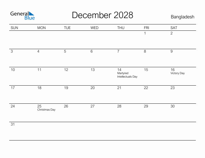 Printable December 2028 Calendar for Bangladesh