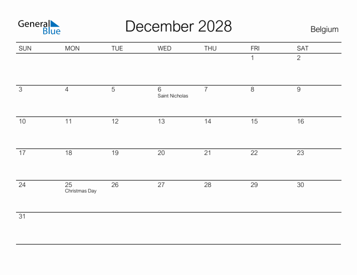 Printable December 2028 Calendar for Belgium